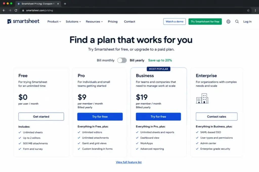 Screenshot-style mockup of Smartsheet pricing page showing Pro at $9/member/month and Business at $19/member/month billed yearly