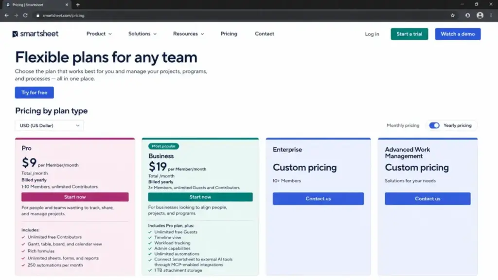 Smartsheet pricing page showing Pro at $9 per member per month and Business at $19 per member per month with yearly billing selected