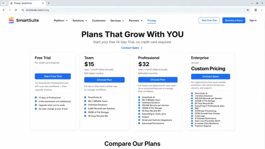 SmartSuite pricing page showing Team plan at $15/seat/month billed annually