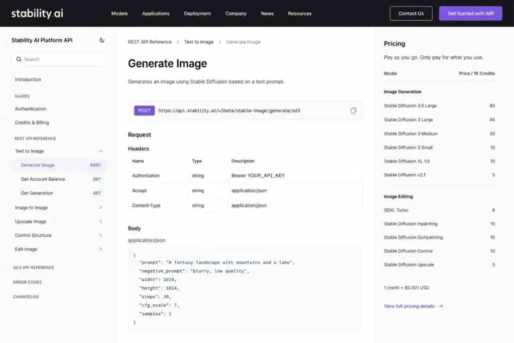 Stability AI developer documentation interface displaying image generation API endpoints, request parameters, authentication headers, and credit-based pricing for Stable Diffusion models.