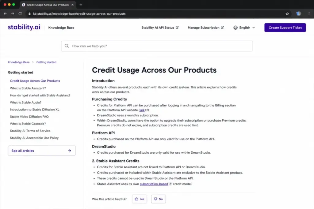 Stability AI Knowledge Base article explaining that Stable Assistant credits cannot be used with the Platform API or DreamStudio.