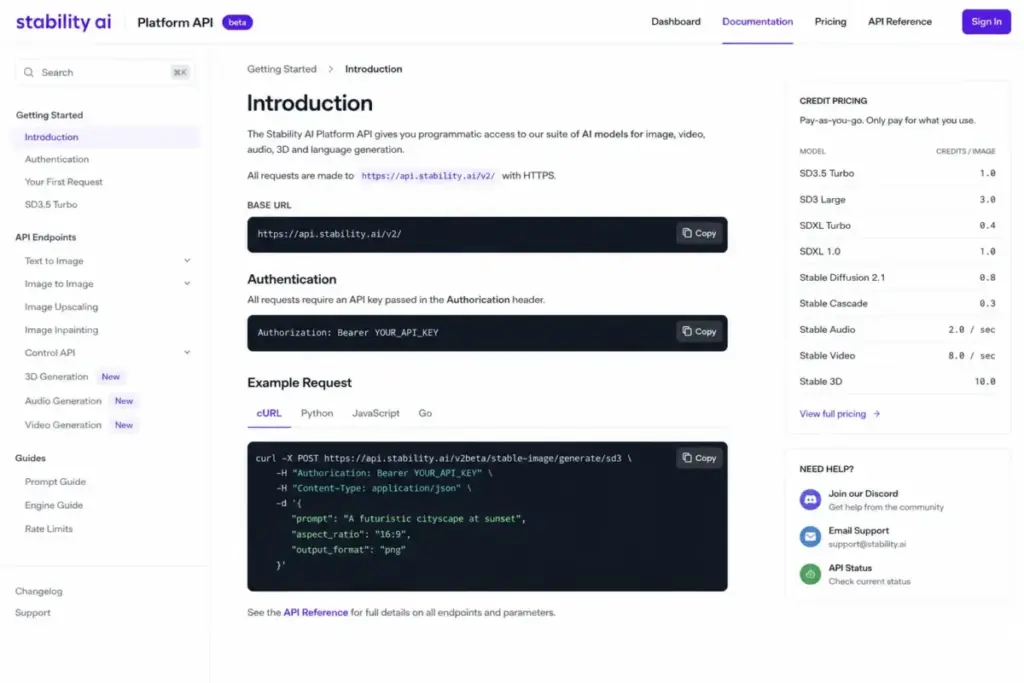 Stability AI Platform API documentation mockup showing endpoint structure, authentication, example request, and credit pricing.