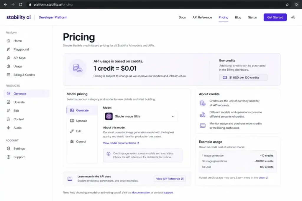 Stability AI platform pricing page showing API credits and model selection options