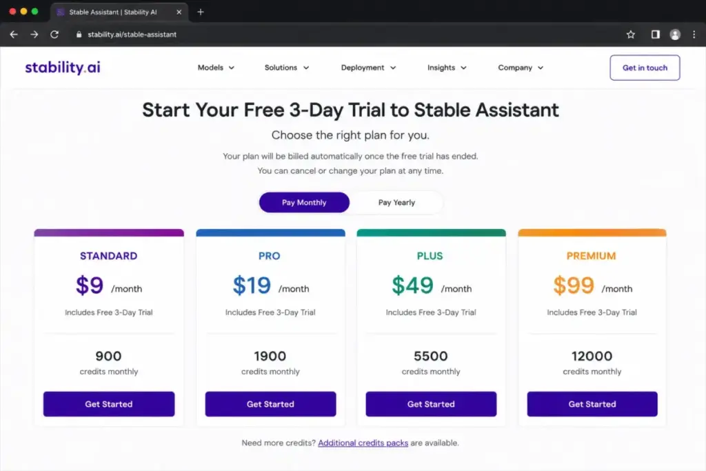 Stable Assistant pricing plans showing Standard at $9, Pro at $19, Plus at $49, and Premium at $99 per month.