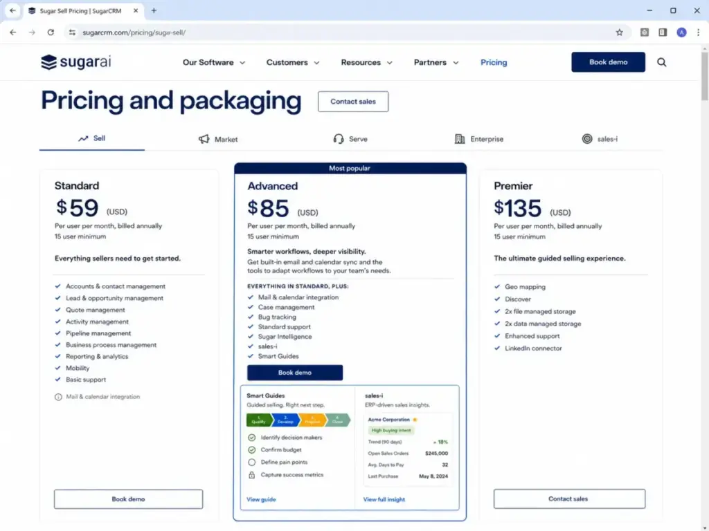 SugarAI Sugar Sell Advanced pricing page screenshot showing Smart Guides and sales-i features