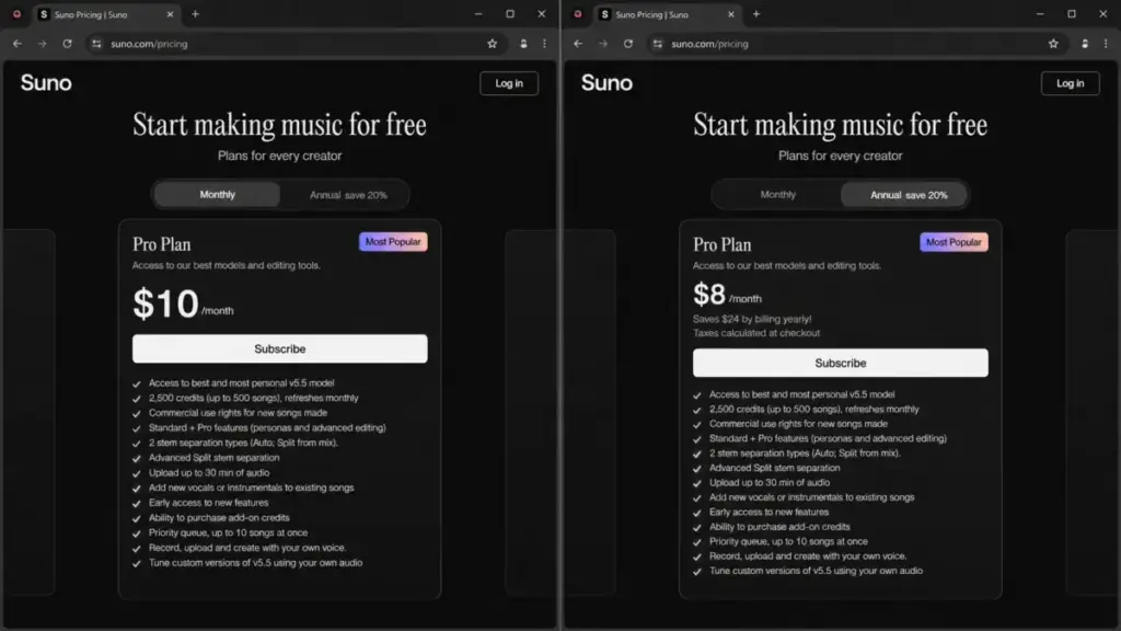 Suno billing toggle mockup comparing Pro plan at $10 monthly and $8 per month when billed annually.