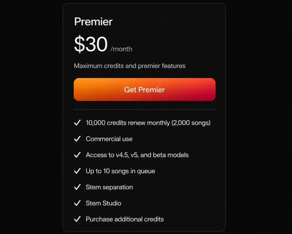 Suno Premier plan pricing card mockup showing 10,000 monthly credits, commercial use, and Suno Studio access.