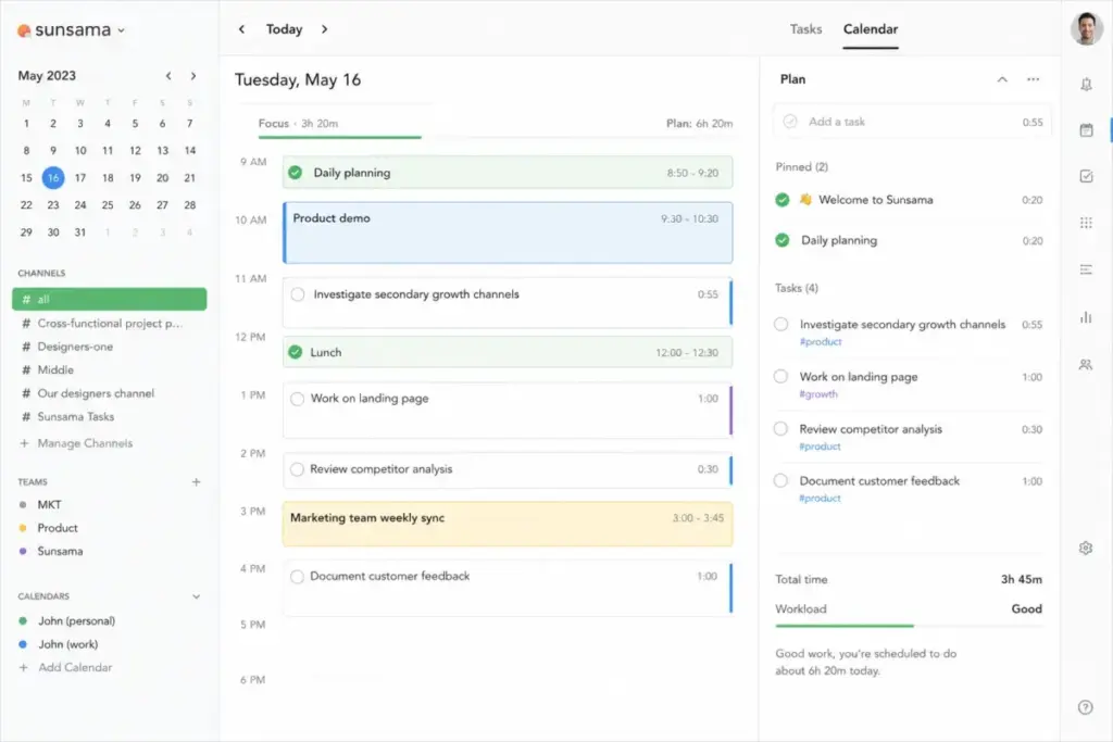 Sunsama daily planning interface mockup showing timeboxed tasks, calendar view, and workload indicator.