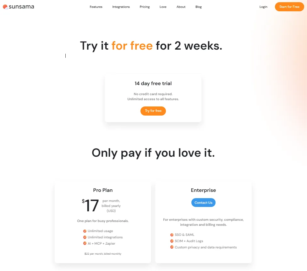 Sunsama pricing page showing 14-day free trial, Pro plan at $17 per month, and Enterprise plan