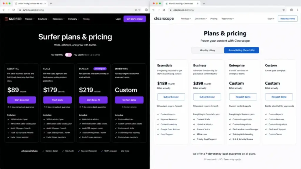 Screenshot-style side-by-side mockup comparing Surfer and Clearscope pricing pages for SEO content optimization tools.