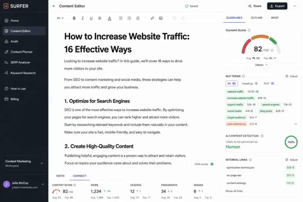Surfer SEO content editor mockup showing Content Score, NLP term suggestions, and internal linking analysis.