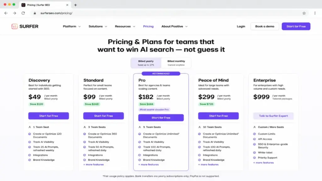 Surfer SEO pricing 2026 plans table showing Discovery, Standard, Pro, Peace of Mind, and Enterprise