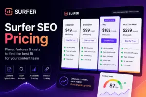 Surfer SEO Pricing featured image showing pricing plans, content optimization, AI visibility tracking, and SEO growth features