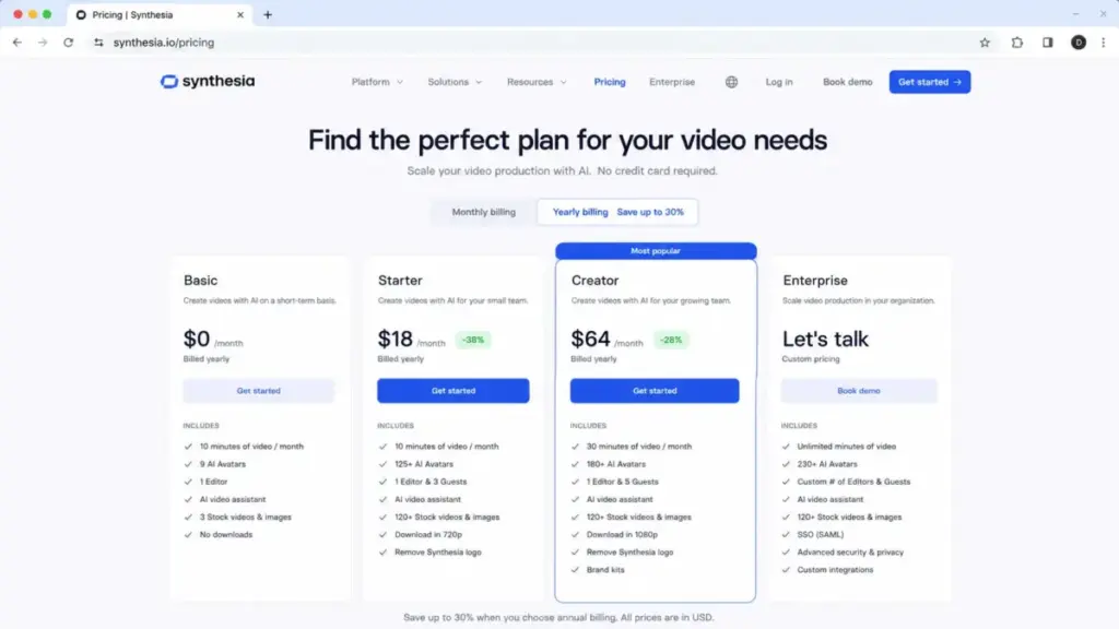 Synthesia billing toggle showing monthly and annual pricing for Starter and Creator plans