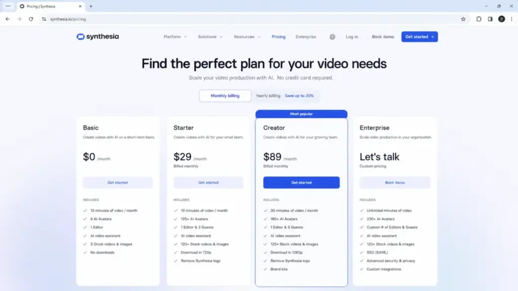 Synthesia pricing page showing Basic, Starter, Creator, and Enterprise plans
