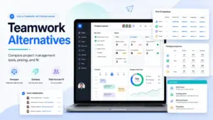 Teamwork alternatives comparison with project management dashboard, pricing cards, and team collaboration features