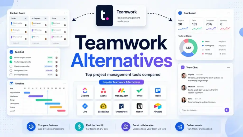 Featured image for Teamwork Alternatives showing project management tools compared with dashboards, Kanban boards, timelines, and collaboration features