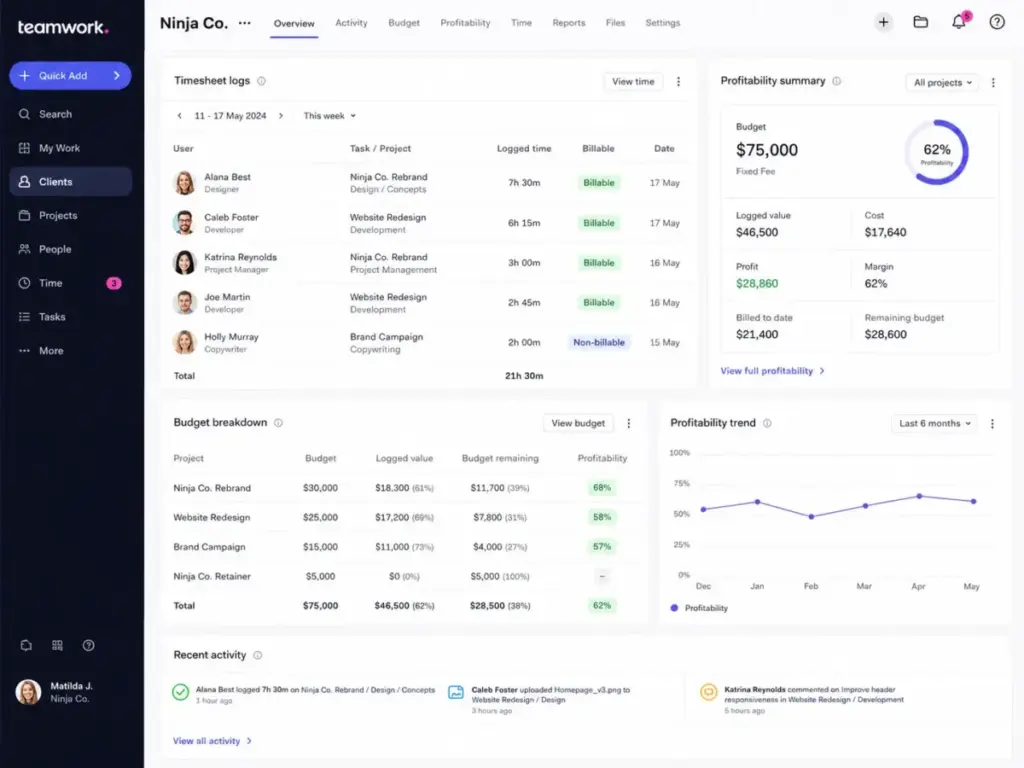 Teamwork.com client dashboard showing timesheet logs, project budget, billable hours, and profitability summary