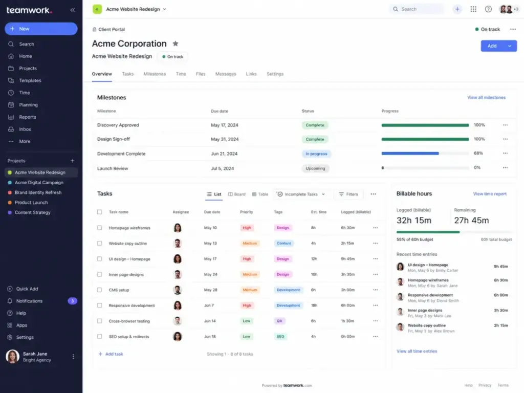 Teamwork.com client portal showing project milestones, task lists, billable hours, and recent time entries