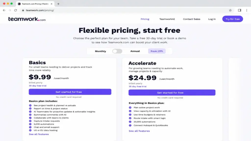 Teamwork.com pricing page showing Basics at $9.99/user/month and Accelerate at $24.99/user/month billed yearly