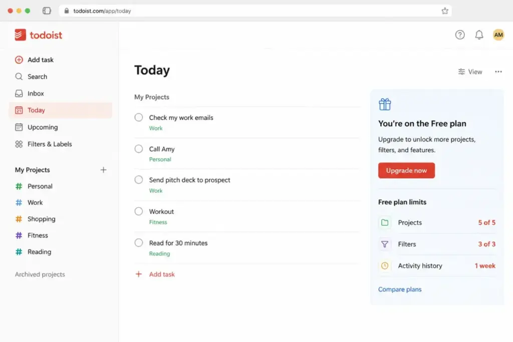 Todoist free plan limit mockup showing 5 project cap, 3 filter limit, and upgrade prompt in the web app.