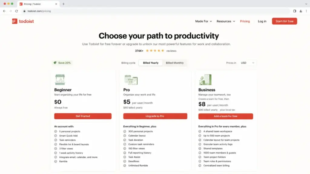 Todoist pricing page mockup showing Beginner, Pro, and Business plans with yearly billing prices in USD.