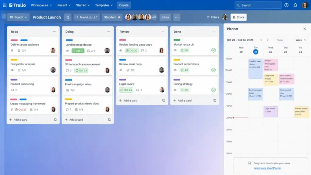Trello board view showing Kanban columns, drag-and-drop cards, and Planner on the Standard plan