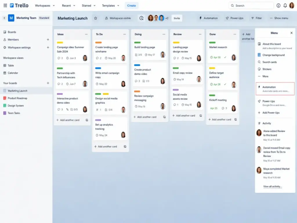 Trello board view screenshot mockup showing lists, cards, and the Butler automation button in a Standard plan workspace.