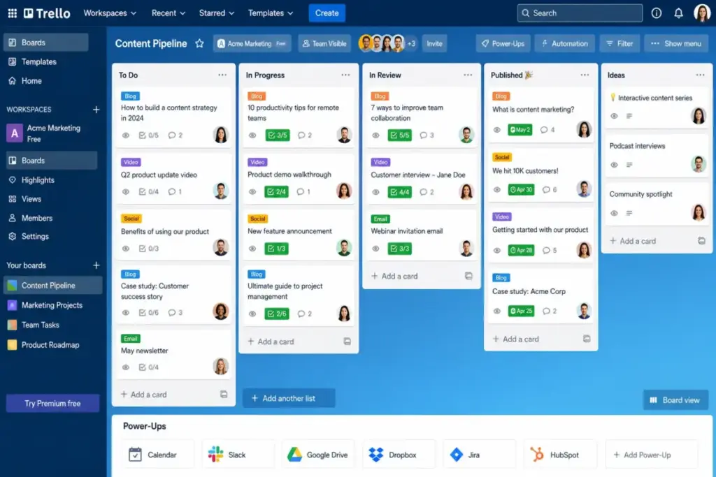 Trello board mockup showing a content pipeline with cards, checklists, labels, and Power-Up integrations.