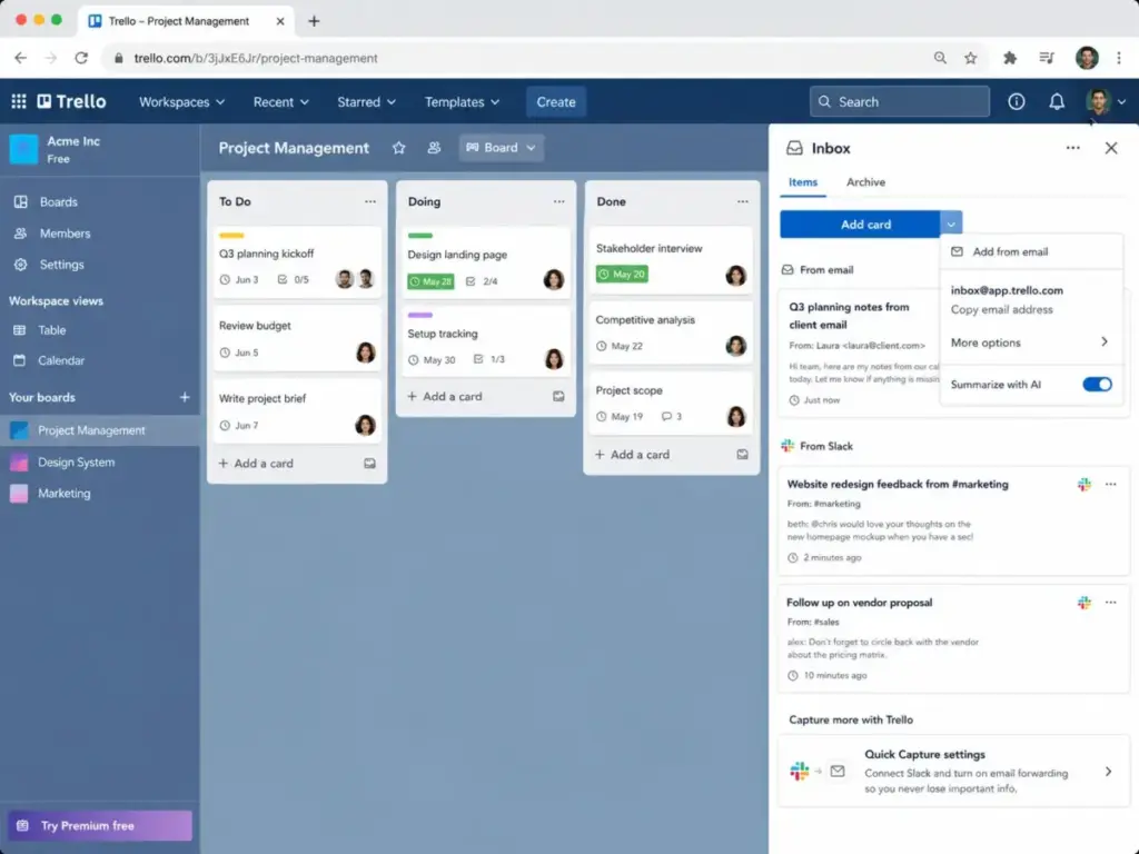 Trello Inbox screenshot showing email and Slack capture options for creating cards quickly in a project management board.