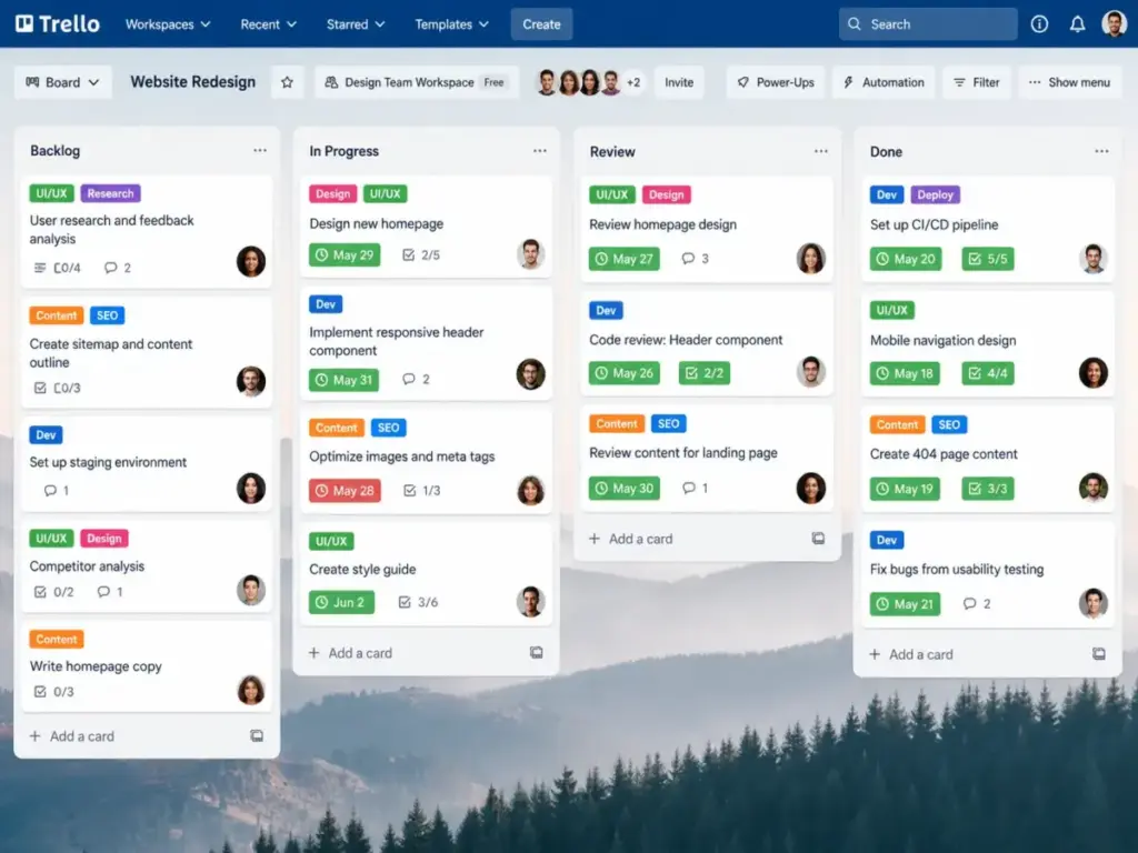 Trello Kanban board showing visual cards, checklist progress, deadline labels, team members, and workflow columns