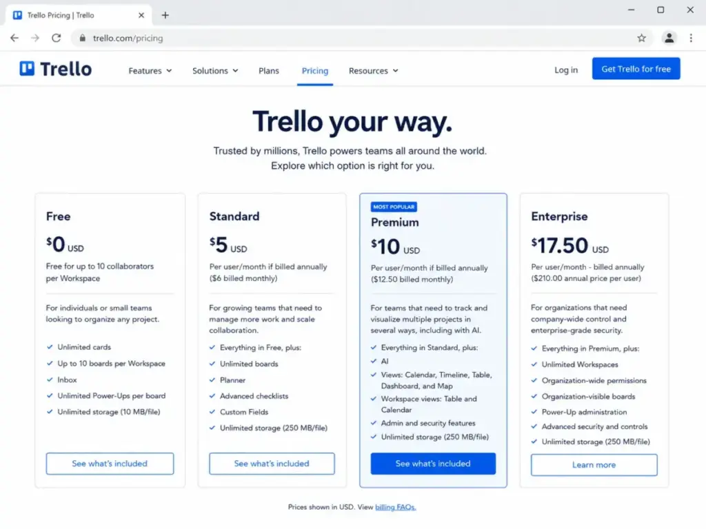 Trello pricing page showing Free, Standard, Premium, and Enterprise plans with annual per-user monthly rates.