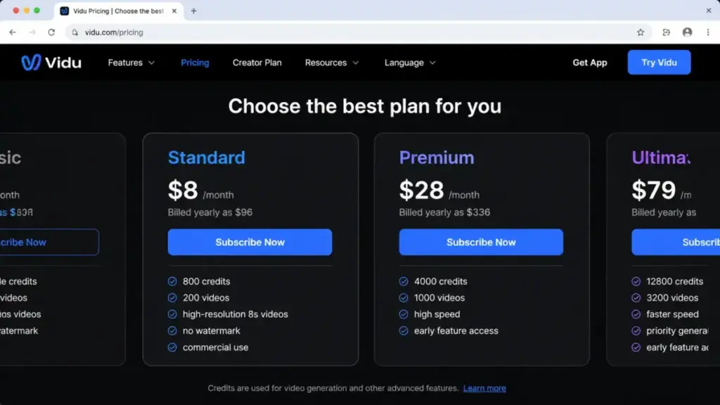 Vidu pricing page showing Standard at $8/month billed yearly and Premium at $28/month billed yearly