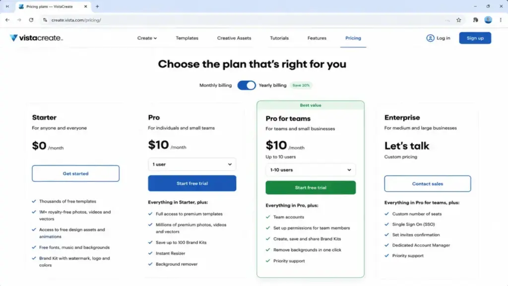 VistaCreate pricing page mockup showing Pro for teams plan at $10 per month for up to 10 users