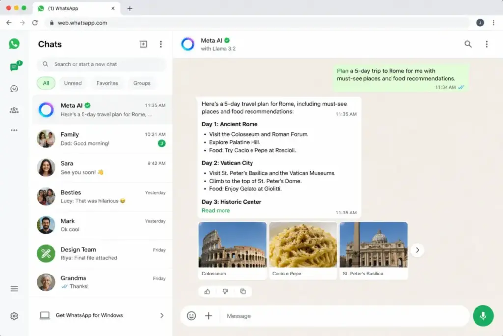 Screenshot-style mockup of WhatsApp Web showing Meta AI generating a Rome travel plan with inline image options.