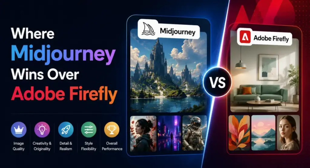 Comparison banner showing the areas where Midjourney outperforms Adobe Firefly in image quality, creativity, realism, and artistic flexibility.