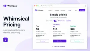 Whimsical Pricing featured image showing Free, Pro, and Business plan cards in a screenshot-style pricing page mockup.