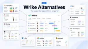 Wrike Alternatives 2026 featured image comparing project management tools like Asana, ClickUp, monday.com, Jira, Trello, Smartsheet, Airtable, Basecamp, Teamwork, and Zoho Projects