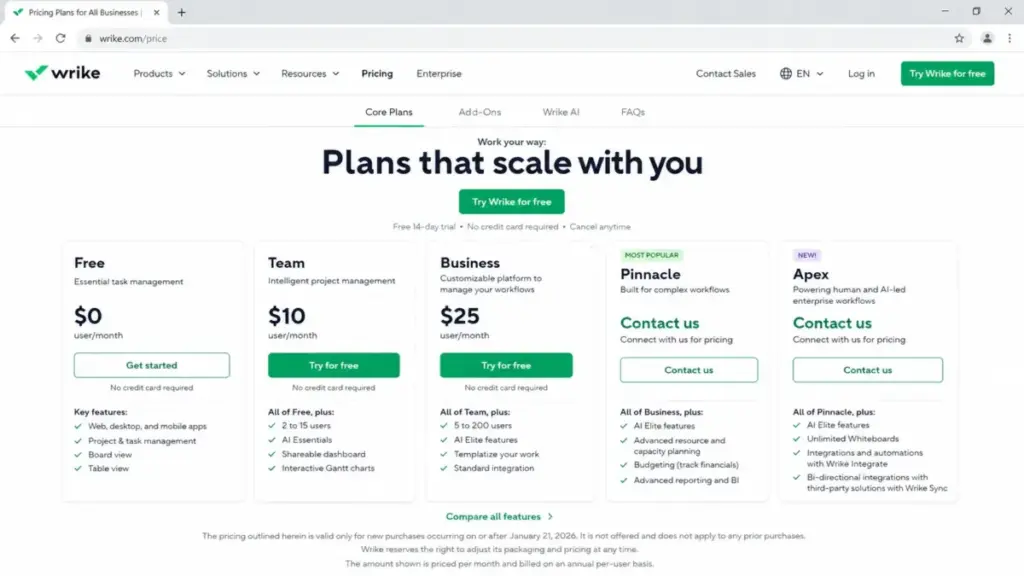Wrike Pricing 2026 page showing Free, Team, Business, Pinnacle, and Apex plan cards with $10 and $25 per-user rates.
