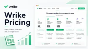 Wrike Pricing featured image showing Free, Team, Business, Pinnacle, and Apex plan cards with cost and scaling visuals.