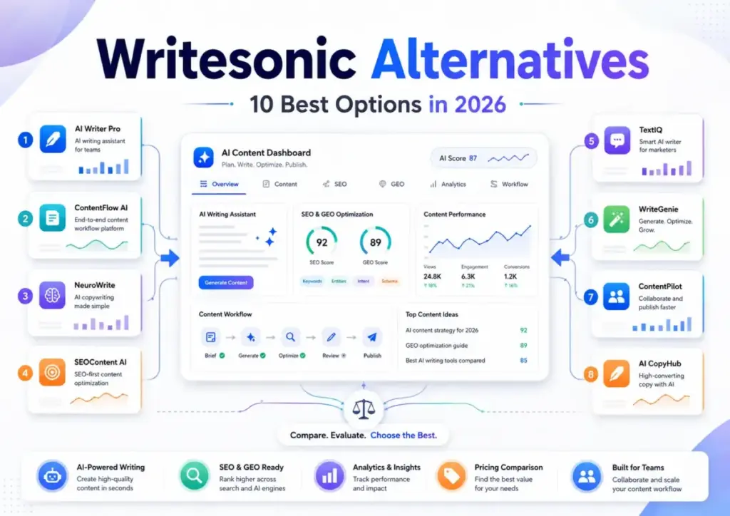 Writesonic Alternatives 2026 with AI writing, SEO, GEO, pricing comparison, analytics, and content workflow dashboard