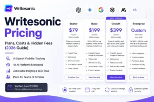 Writesonic Pricing guide showing Starter, Basic, Growth, and Enterprise plan costs