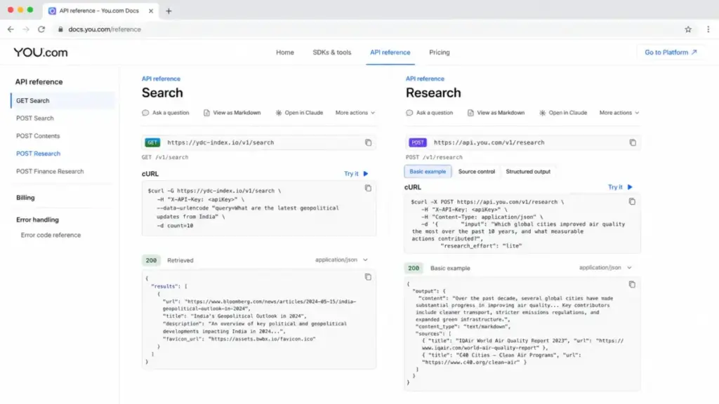 Screenshot-style mockup of the You.com API documentation showing Search API and Research API endpoints with cURL examples and JSON responses.