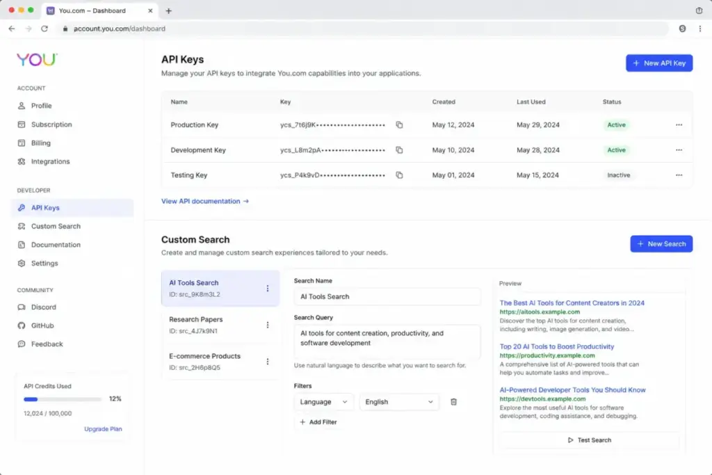 Screenshot-style mockup of the You.com API pricing dashboard showing API keys, usage settings, and custom search query configuration.
