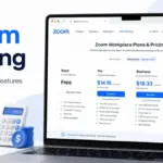 Zoom Pricing featured image showing Zoom Workplace plans and pricing cards on a laptop screen with plan comparison elements.