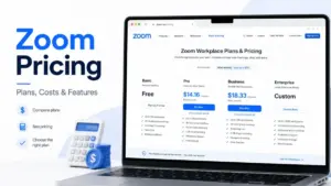 Zoom Pricing featured image showing Zoom Workplace plans and pricing cards on a laptop screen with plan comparison elements.