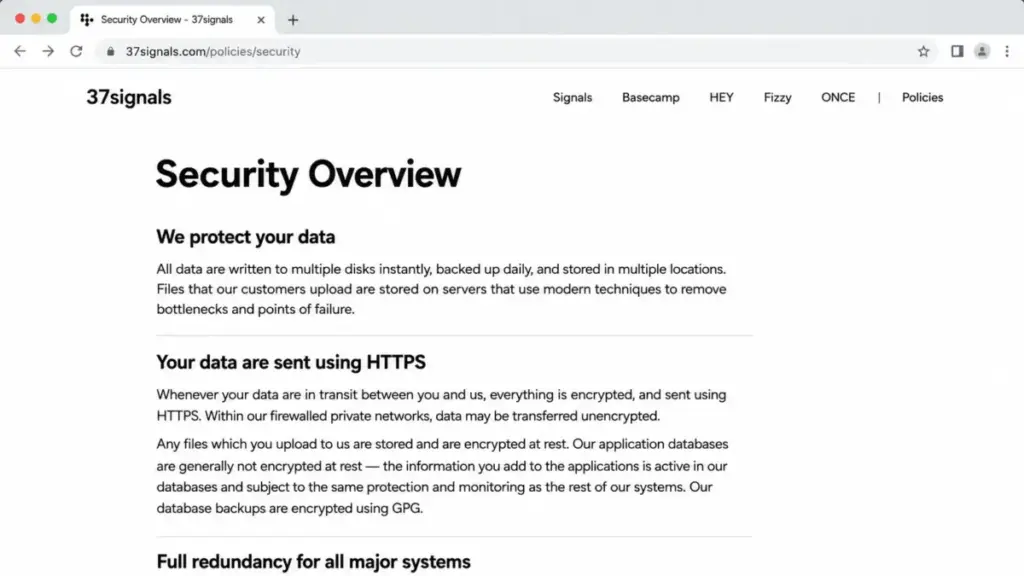 37signals Security Overview page showing HTTPS encryption, encrypted uploaded files, unencrypted application databases, and GPG-encrypted backups.