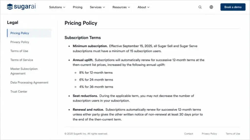 SugarAI Pricing Policy showing minimum seats, annual uplifts, seat reductions, and renewal terms