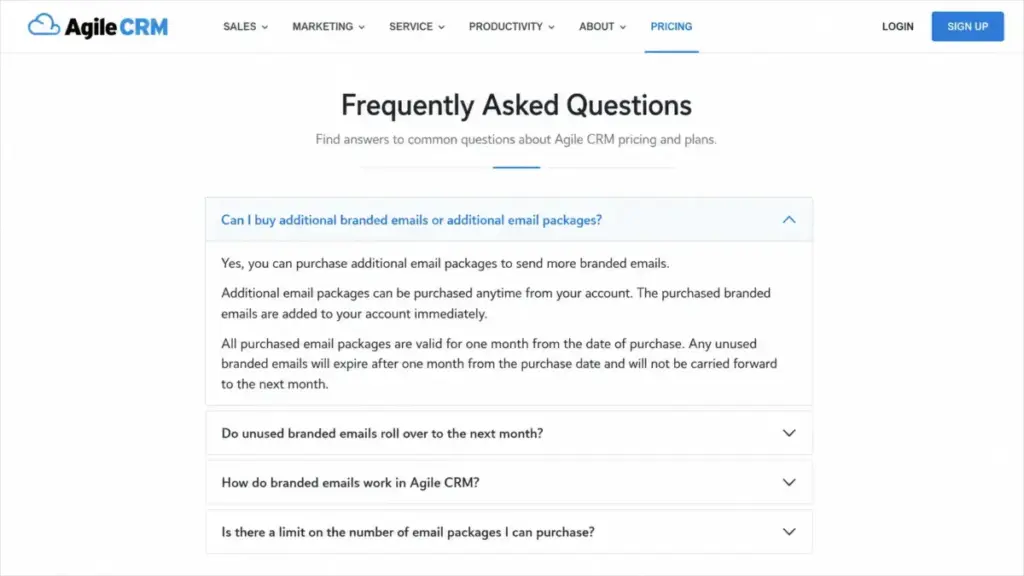 Agile CRM pricing FAQ explaining additional branded email packages and one-month validity