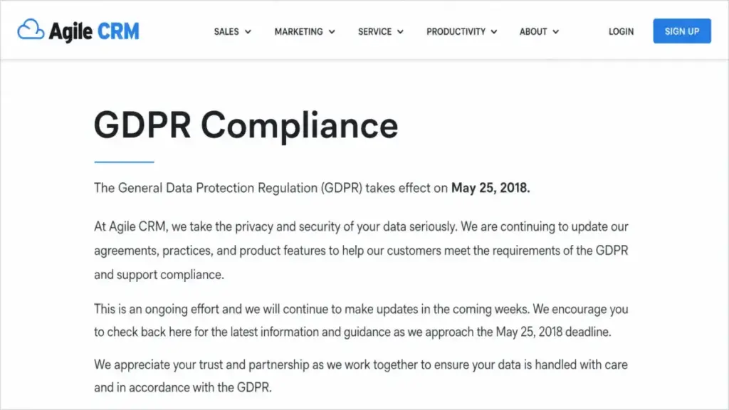 Agile CRM GDPR compliance page referencing the May 25, 2018 deadline and ongoing updates